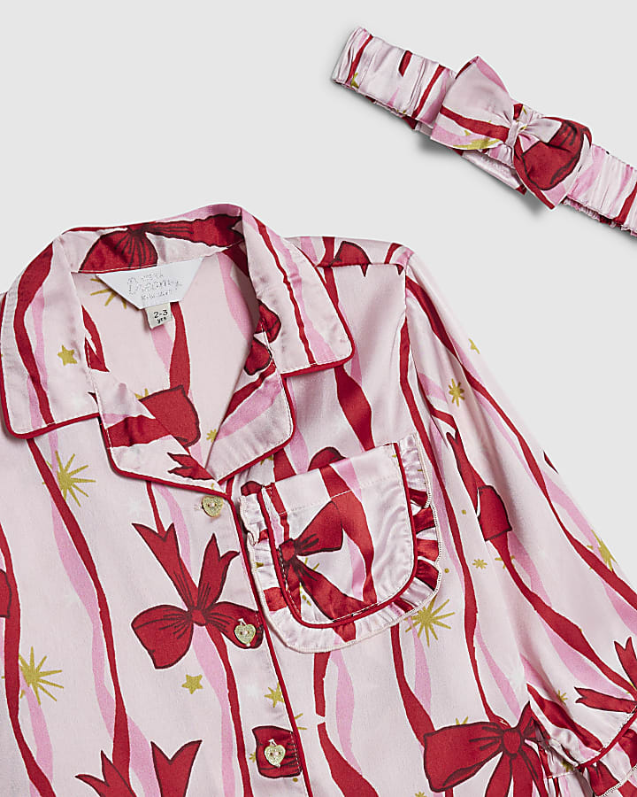 Mini Girls Pink Bow Print Satin Pyjamas Set