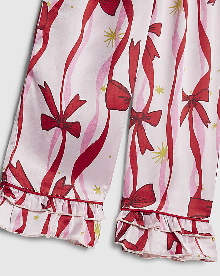 Mini Girls Pink Bow Print Satin Pyjamas Set