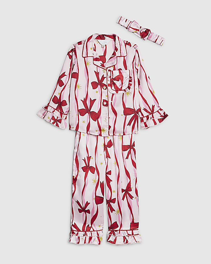 Mini Girls Pink Bow Print Satin Pyjamas Set