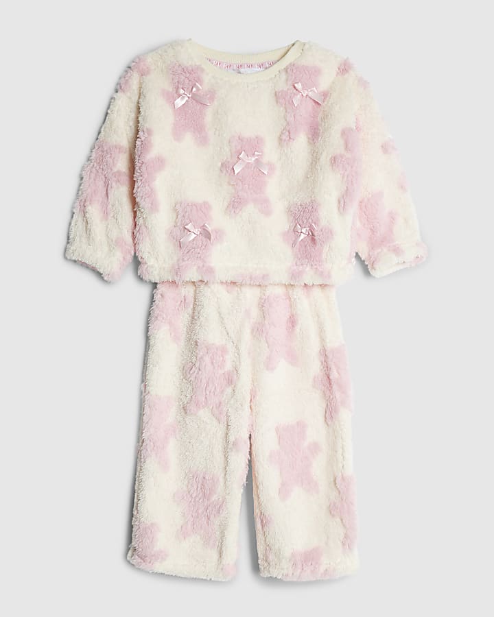Mini Girls Cream Bow Teddy Bear Pyjama Set