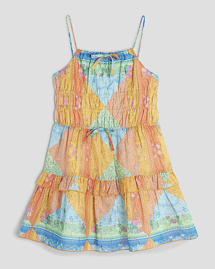 Orange Scarf Print Tiered Mini Dress