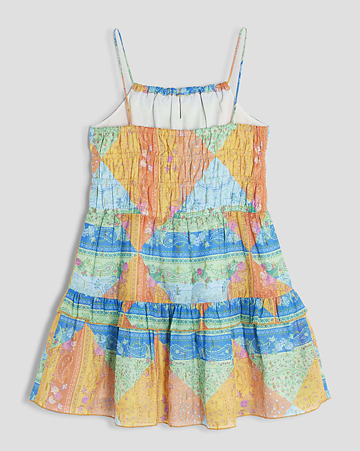 Orange Scarf Print Tiered Mini Dress