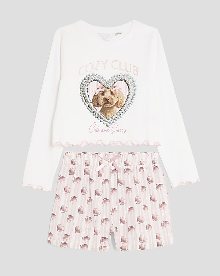 Girls Pink Puppy Bow Heart Pyjama Set