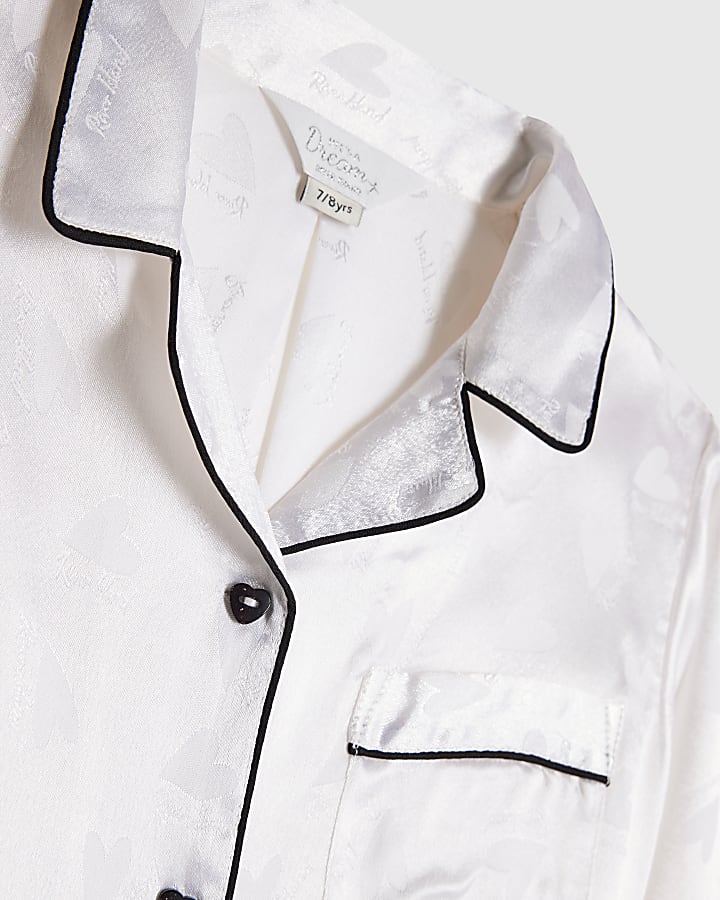 Girls White Heart Jacquard Satin Pyjamas