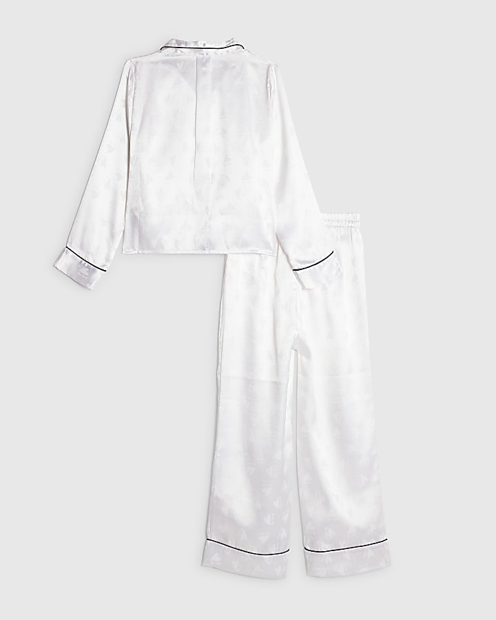 Girls White Heart Jacquard Satin Pyjamas