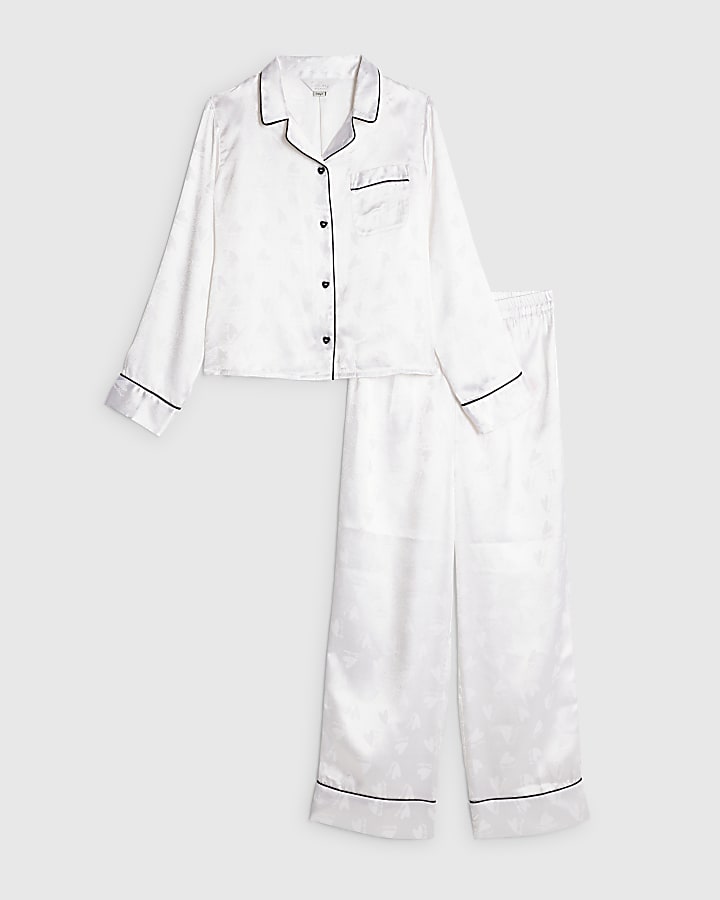 Girls White Heart Jacquard Satin Pyjamas