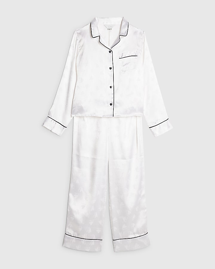 Girls White Heart Jacquard Satin Pyjamas