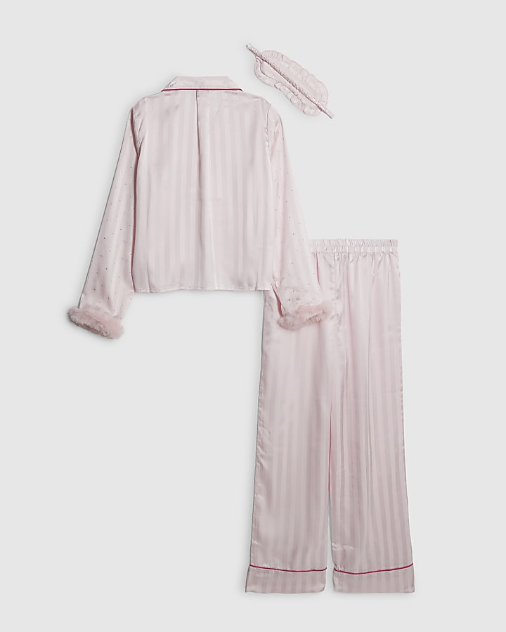 Girls Pink Diamante Faux Fur Cuff Pyjamas Set
