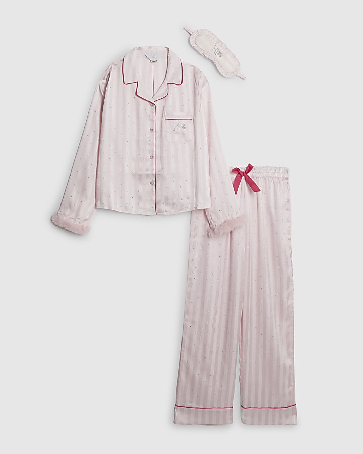 Girls Pink Diamante Faux Fur Cuff Pyjamas Set