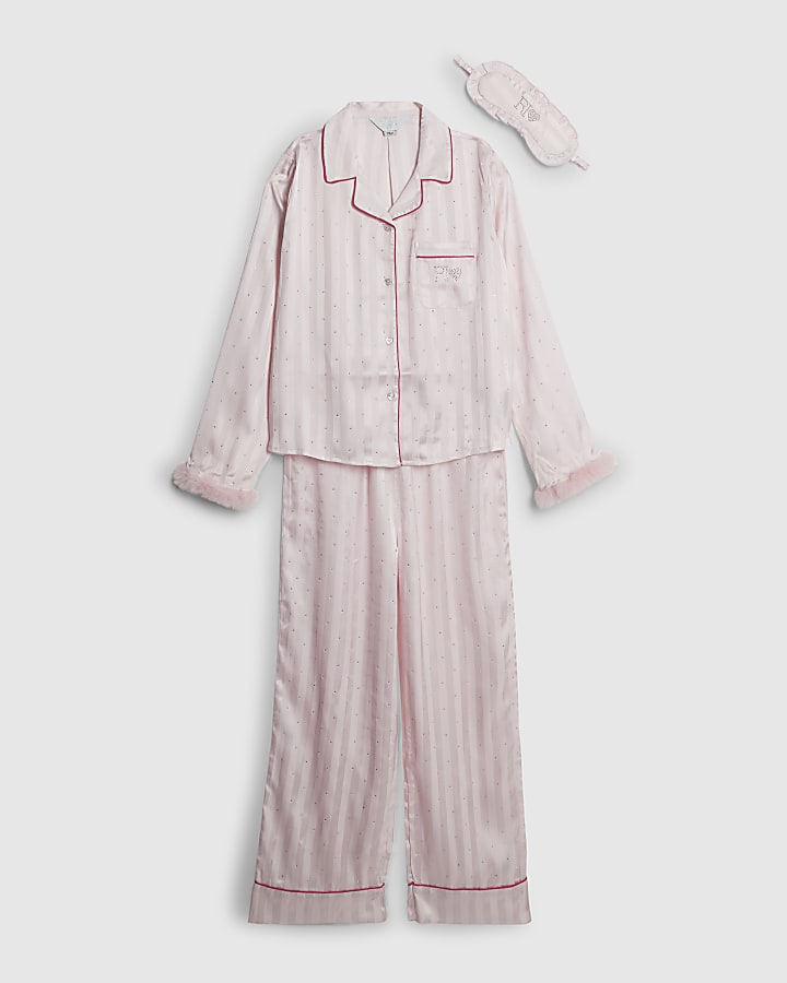 Girls Pink Diamante Faux Fur Cuff Pyjamas Set