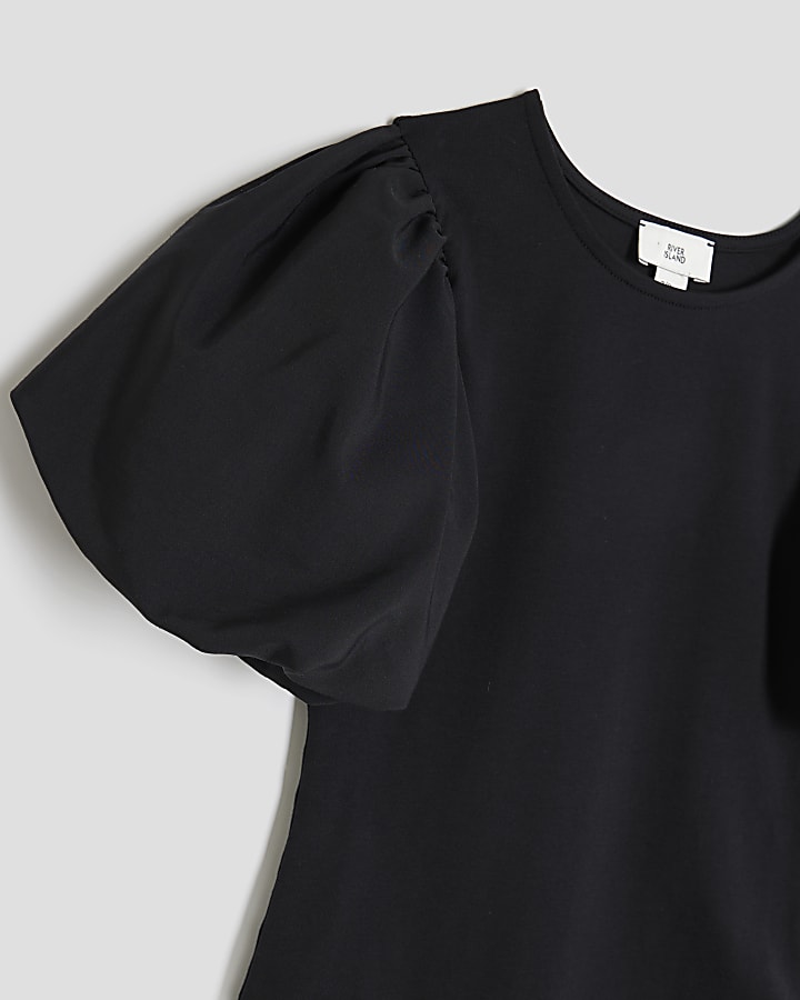 Girls Black Puff Sleeve Bodysuit