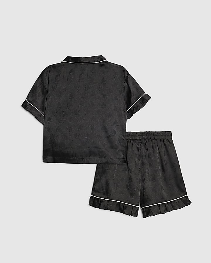 Girls Black Satin Heart Pyjamas Set