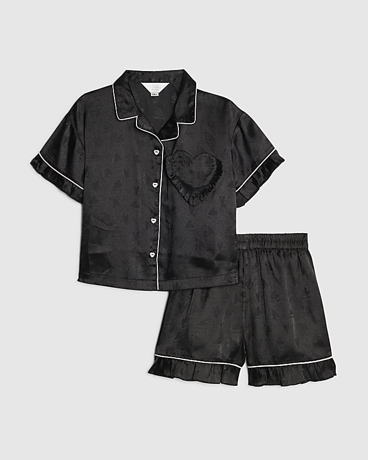 Girls Black Satin Heart Pyjamas Set