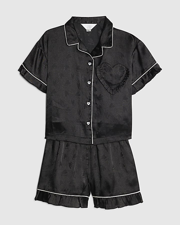 Girls Black Satin Heart Pyjamas Set