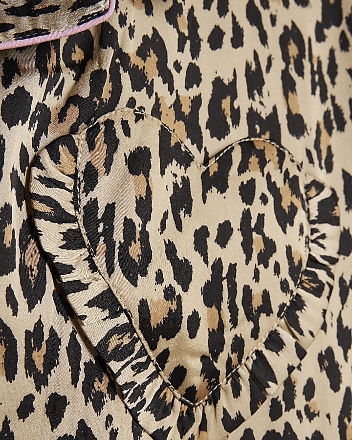 Girls Brown Satin Leopard Print Pyjamas Set