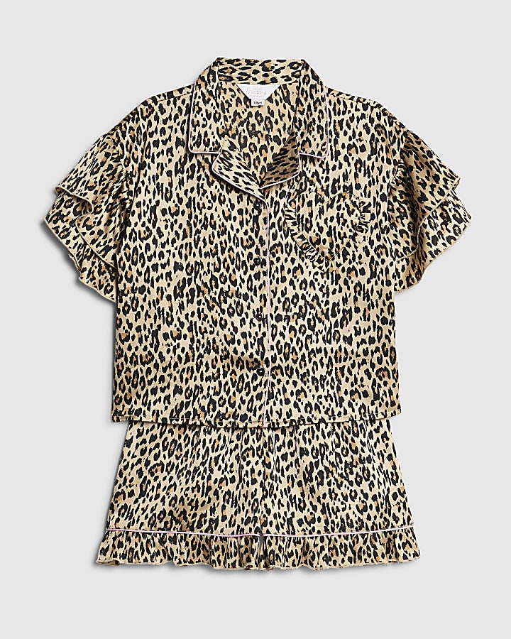 Girls Brown Satin Leopard Print Pyjamas Set