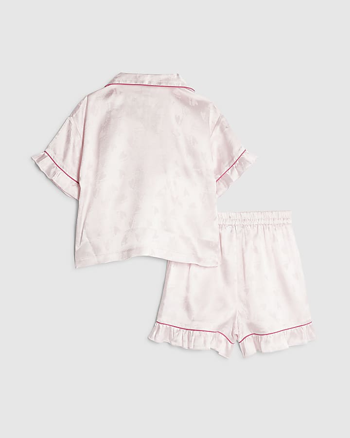 Girls Pink Satin Heart Shorts Pyjamas Set