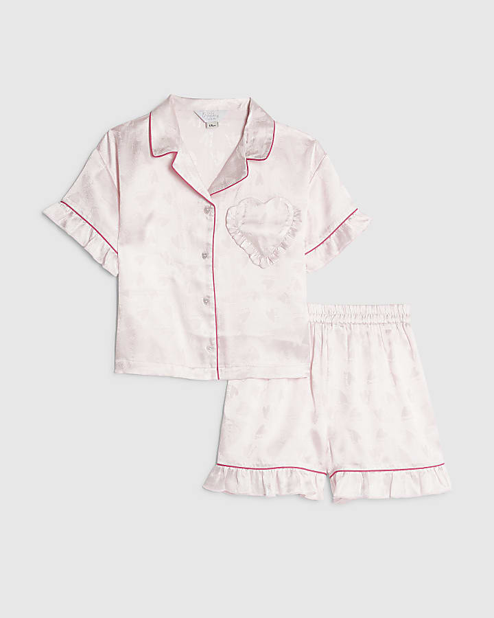 Girls Pink Satin Heart Shorts Pyjamas Set