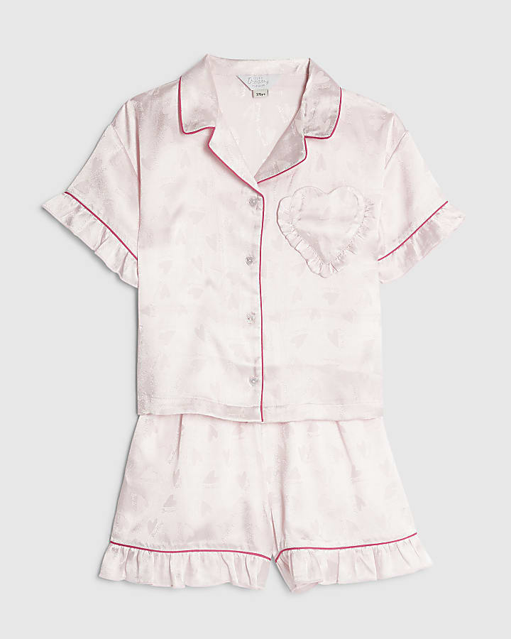 Girls Pink Satin Heart Shorts Pyjamas Set
