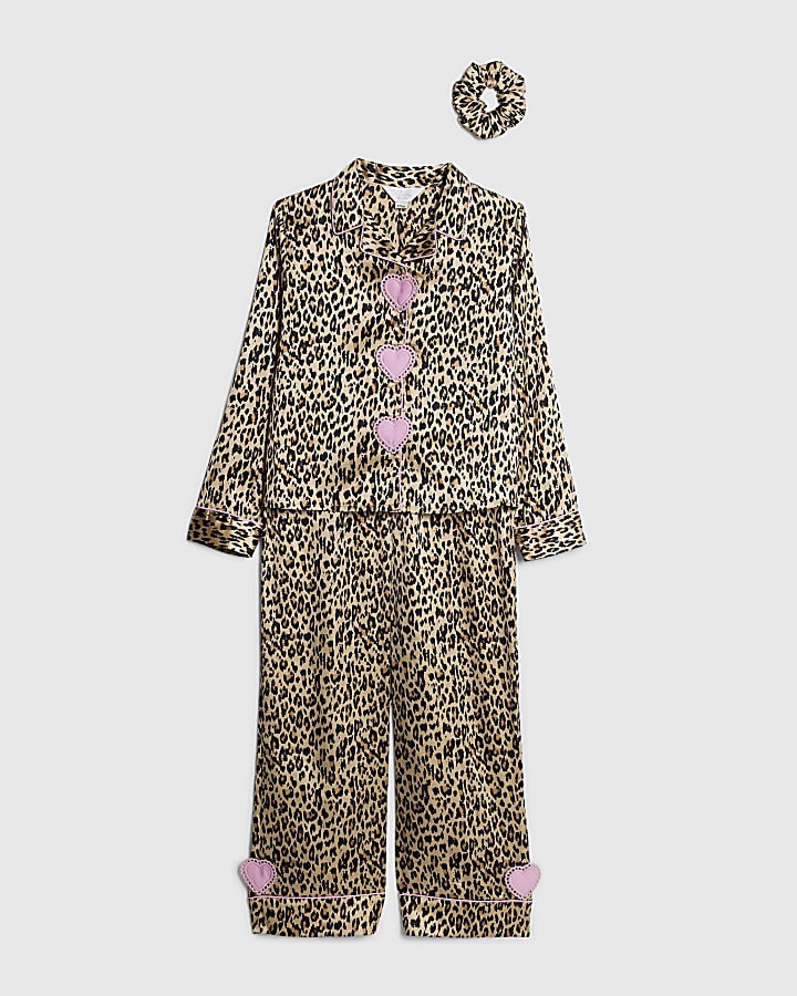 Girls Brown Animal print Heart Pyjamas