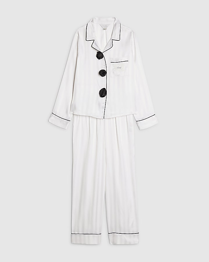 Girls White Corsage Satin Pyjamas Set