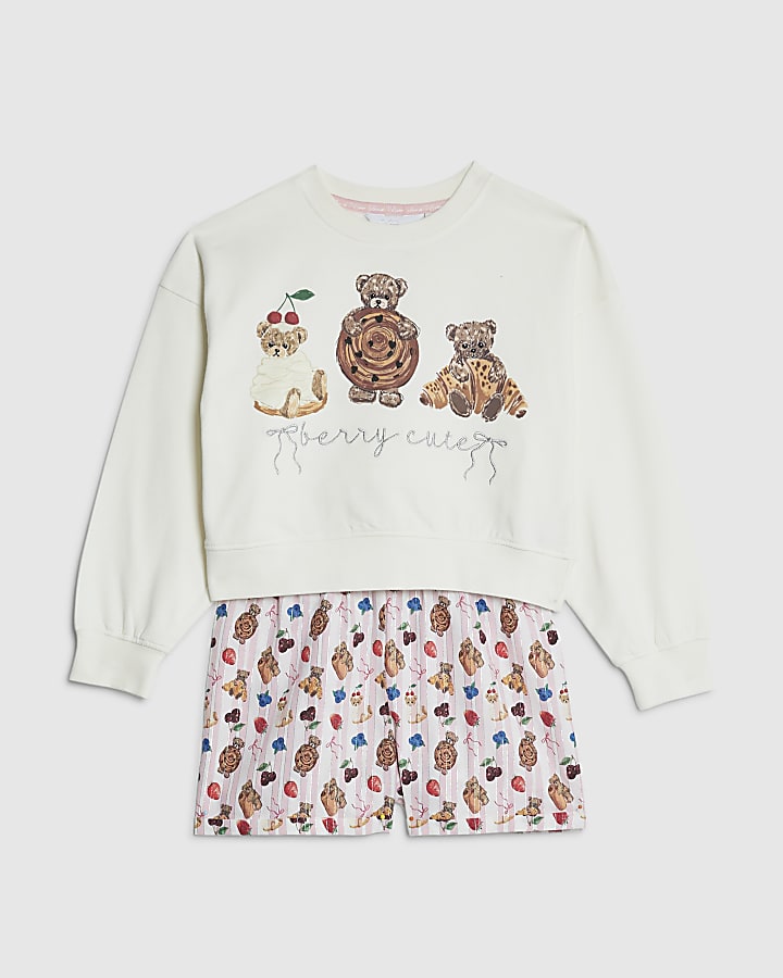 Girls Cream Pastry Bear Pyjamas Set