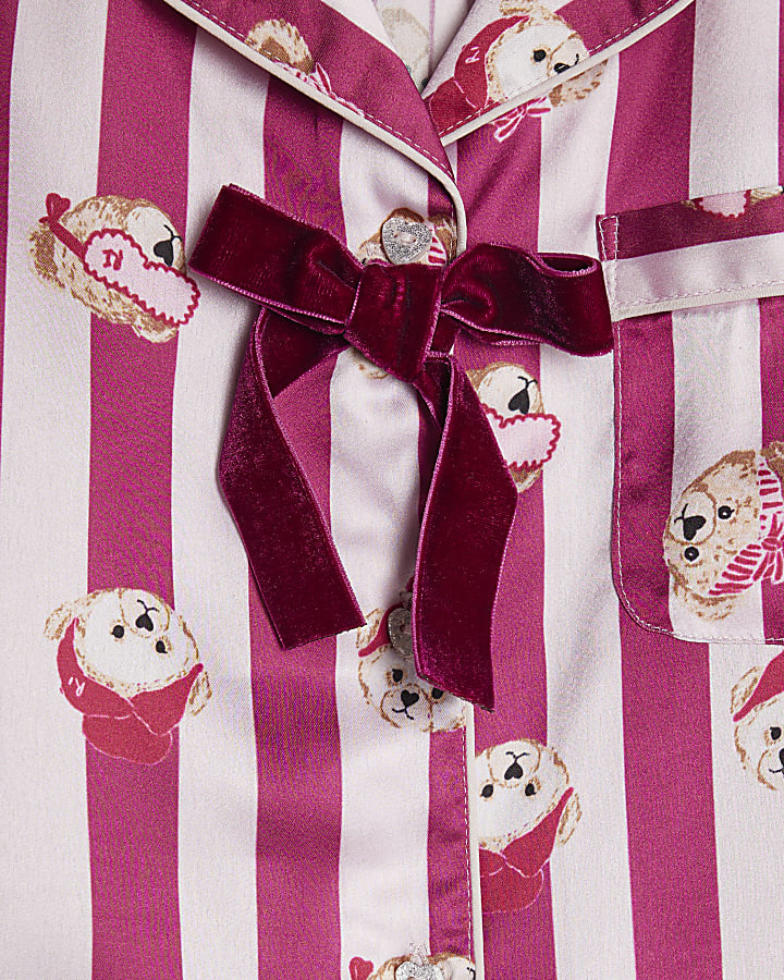 Girls Pink Teddy Stripe Satin Pyjamas Set