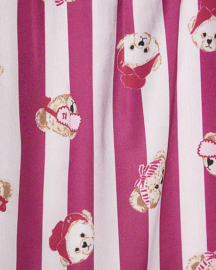 Girls Pink Teddy Stripe Satin Pyjamas Set