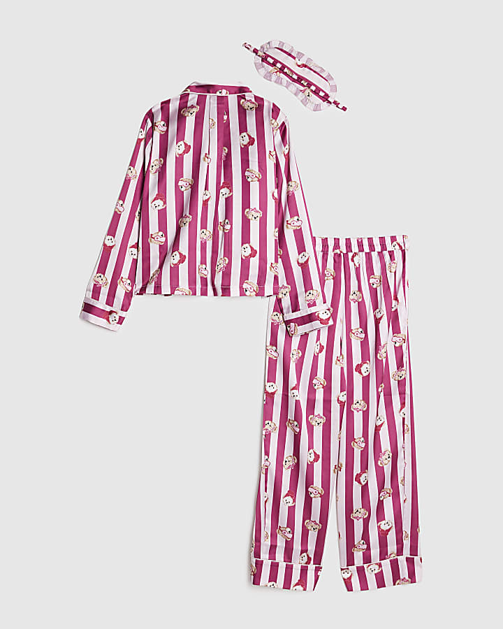 Girls Pink Teddy Stripe Satin Pyjamas Set
