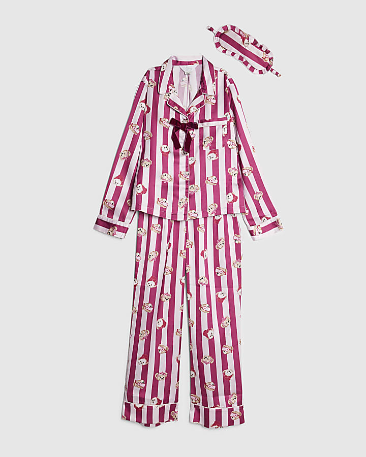 Girls Pink Teddy Stripe Satin Pyjamas Set