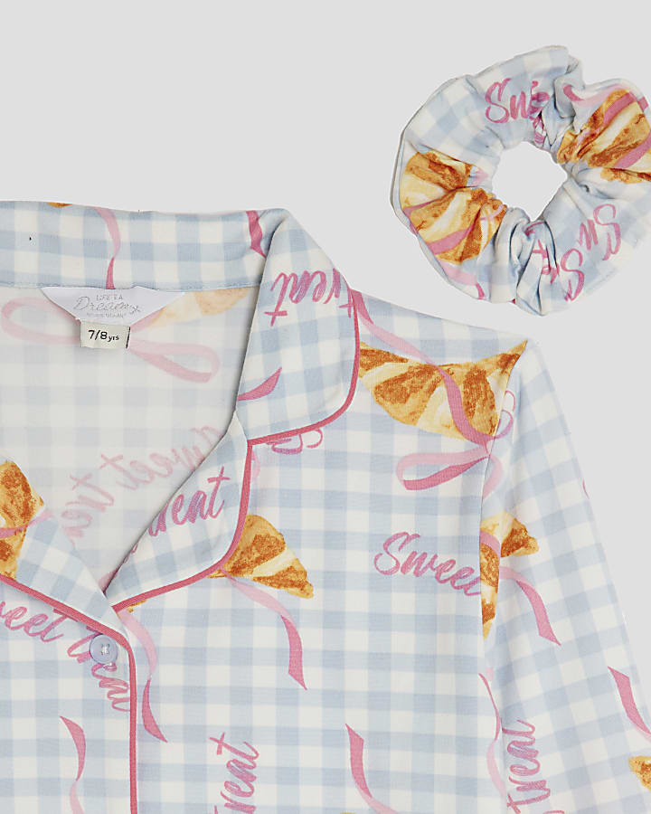 Girls Blue Gingham Croissant Pyjamas Set