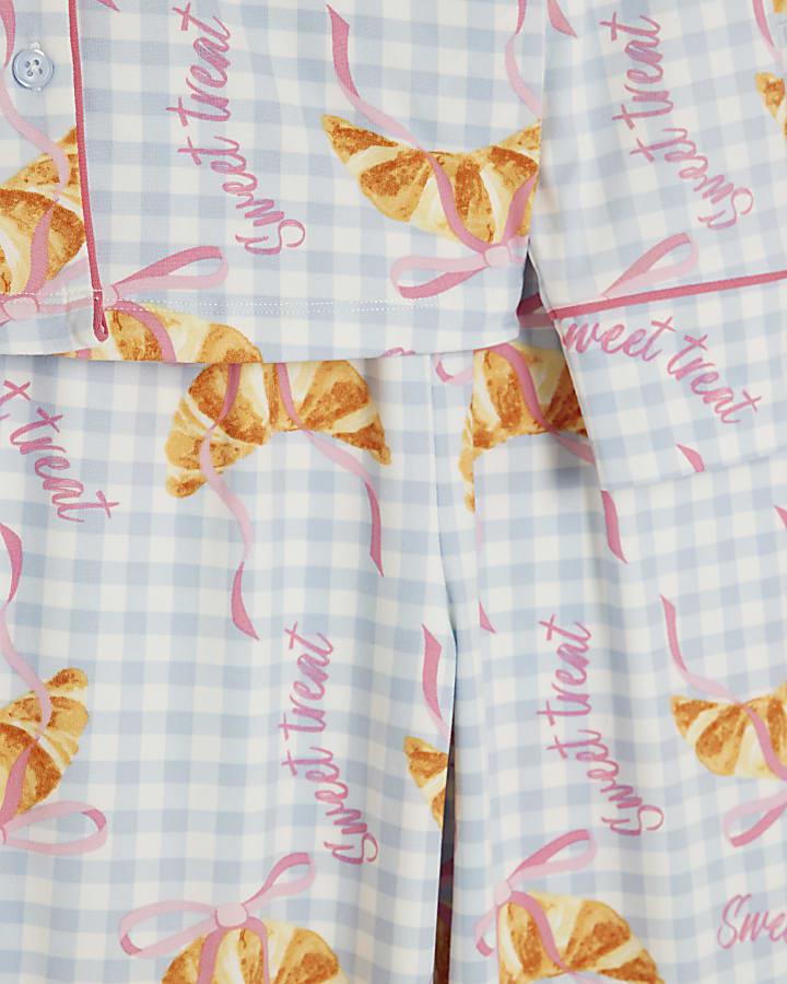 Girls Blue Gingham Croissant Pyjamas Set
