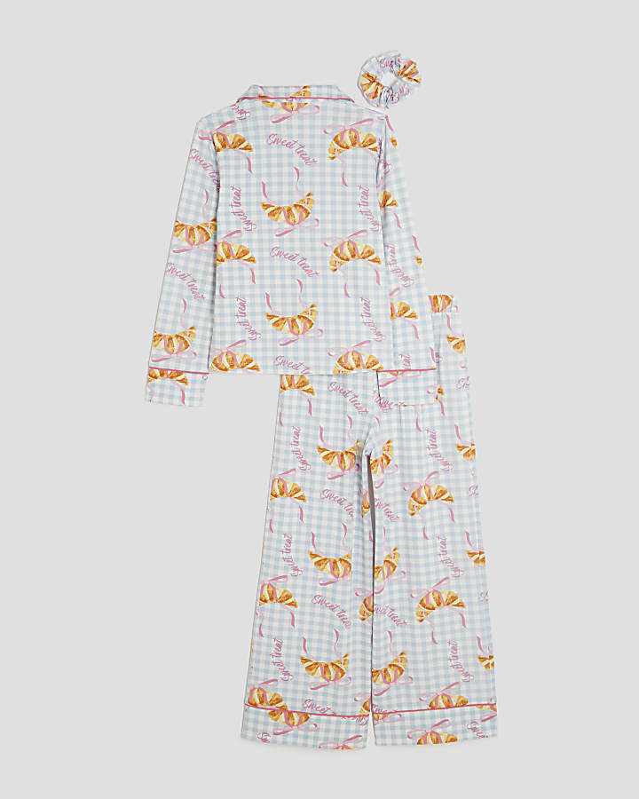 Girls Blue Gingham Croissant Pyjamas Set
