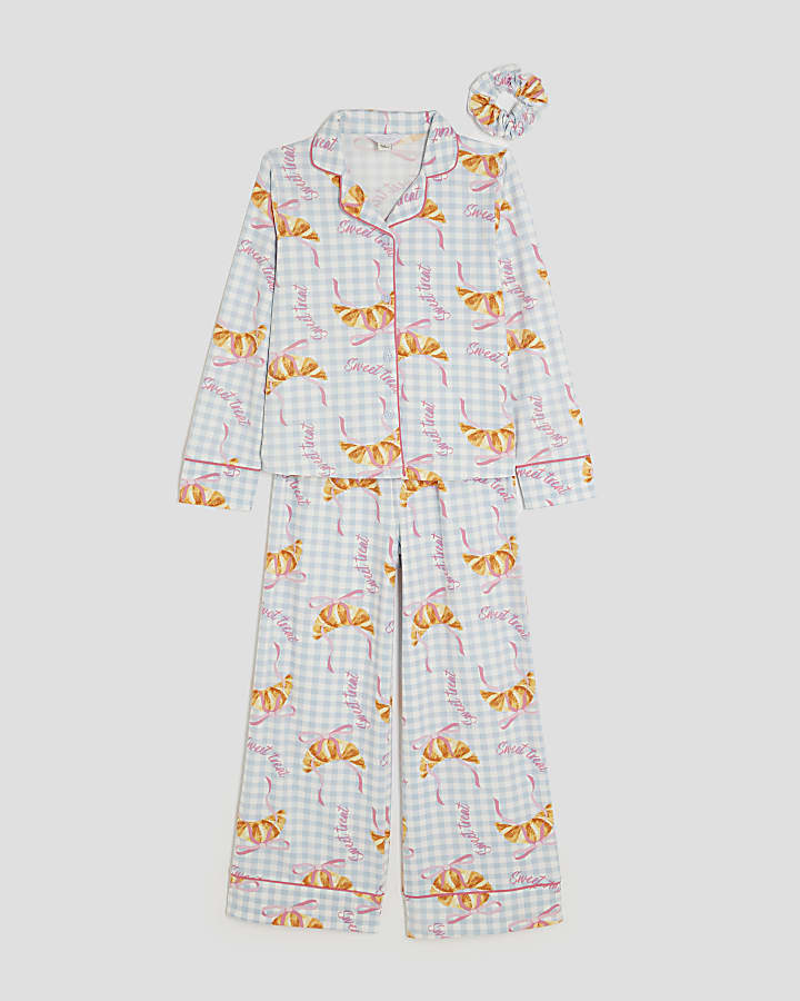 Girls Blue Gingham Croissant Pyjamas Set