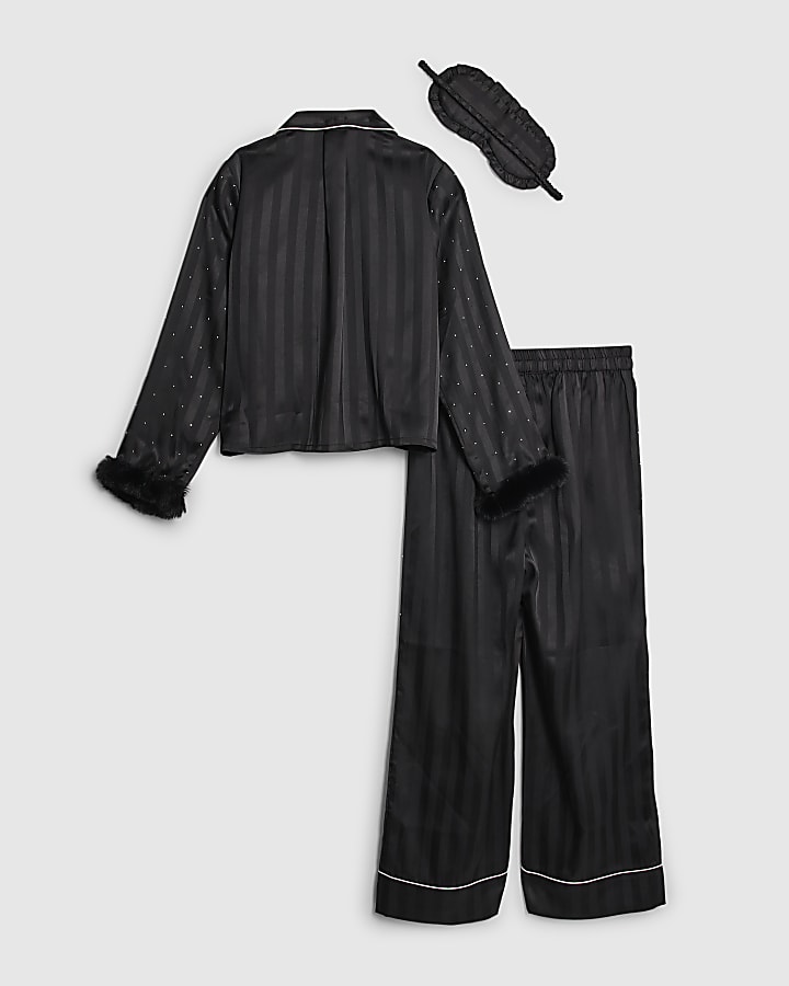 Girls Black Faux Fur Cuff Pyjamas Set