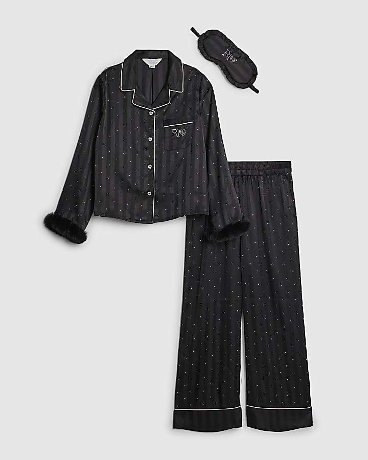 Girls Black Faux Fur Cuff Pyjamas Set