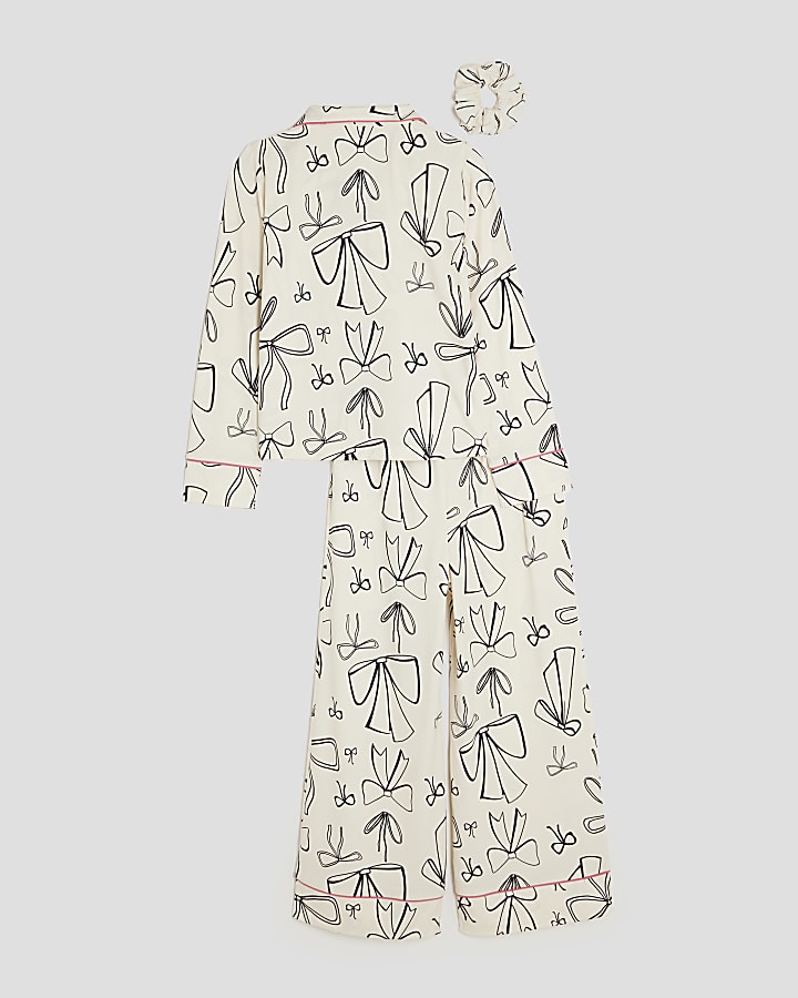 Girls White Bow Monochrome Pyjamas Set
