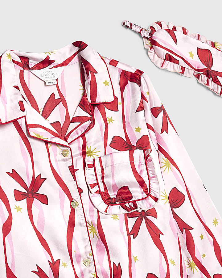 Girls Pink Bow Print Satin Pyjamas Set