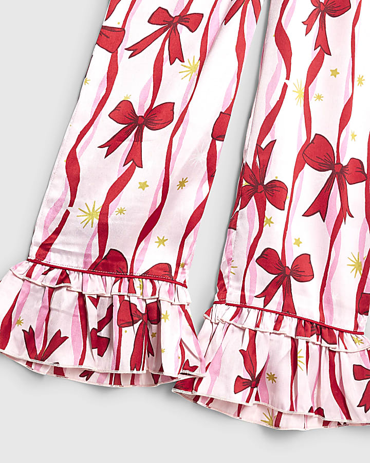 Girls Pink Bow Print Satin Pyjamas Set