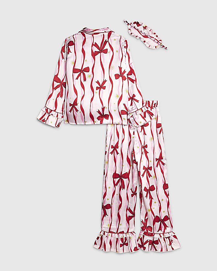 Girls Pink Bow Print Satin Pyjamas Set