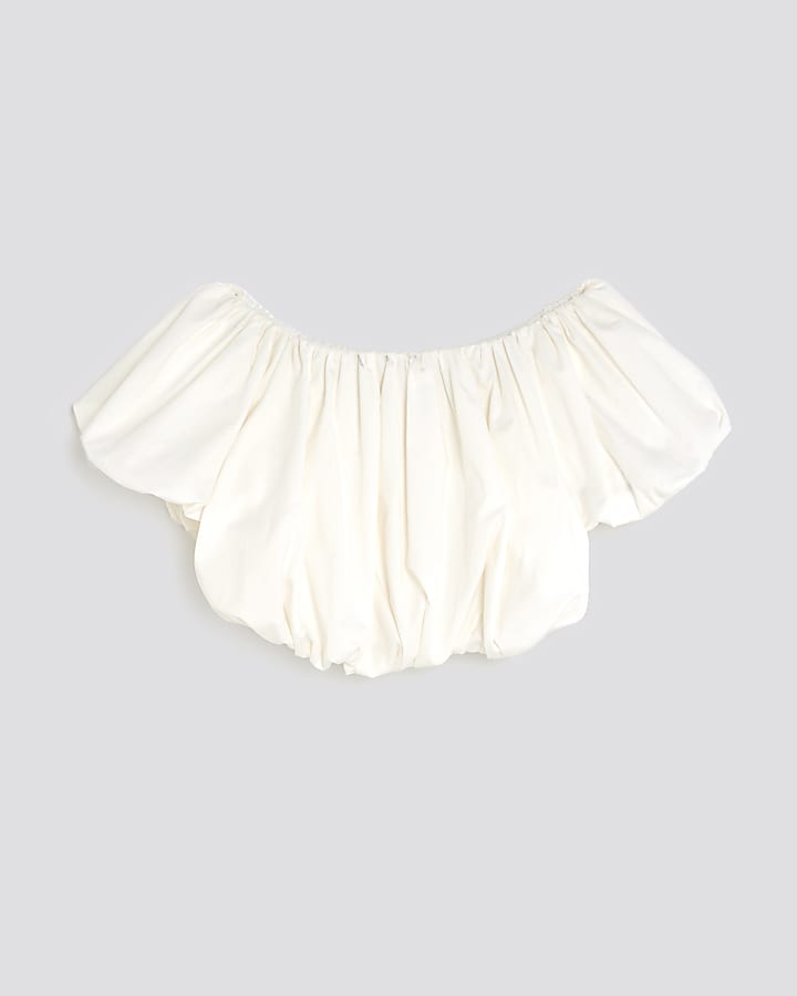 Girls White Bardot Bubble Hem Crop Top