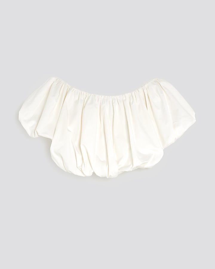 Girls White Bardot Bubble Hem Crop Top