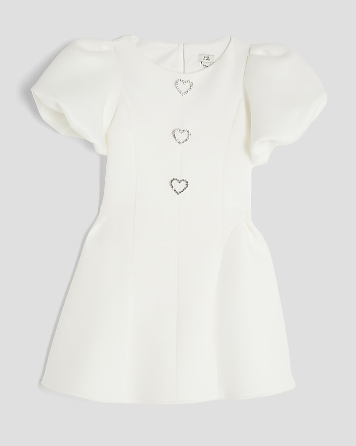 Girls Cream Scuba Puff Skater Dress