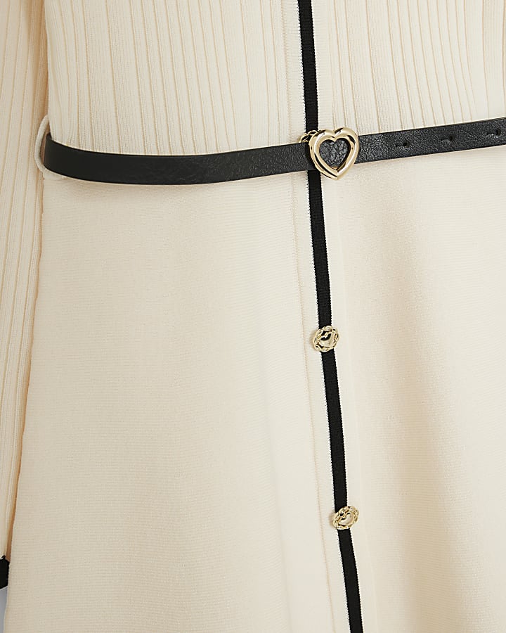 Girls Cream Tipped Belted Skater Dress