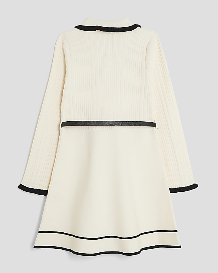 Girls Cream Tipped Belted Skater Dress