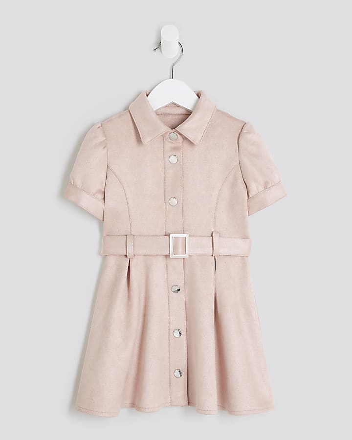 Mini Girls Pink Suedette Faux Belted Dress