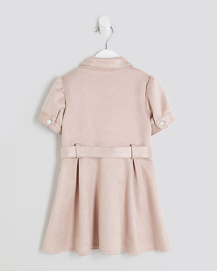 Mini Girls Pink Suedette Faux Belted Dress