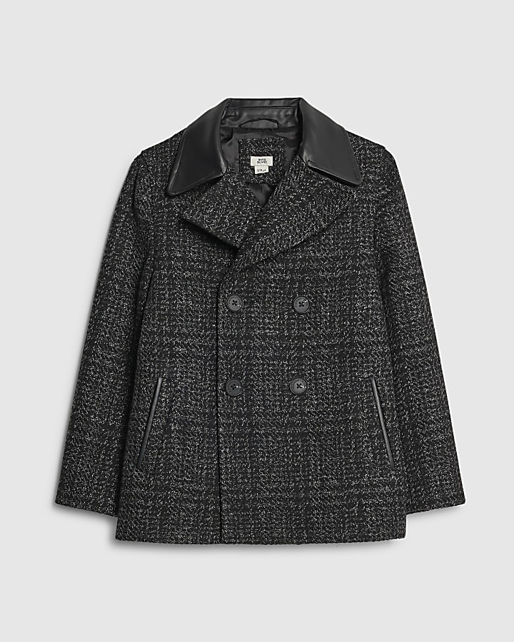Boys Black Check Peacoat