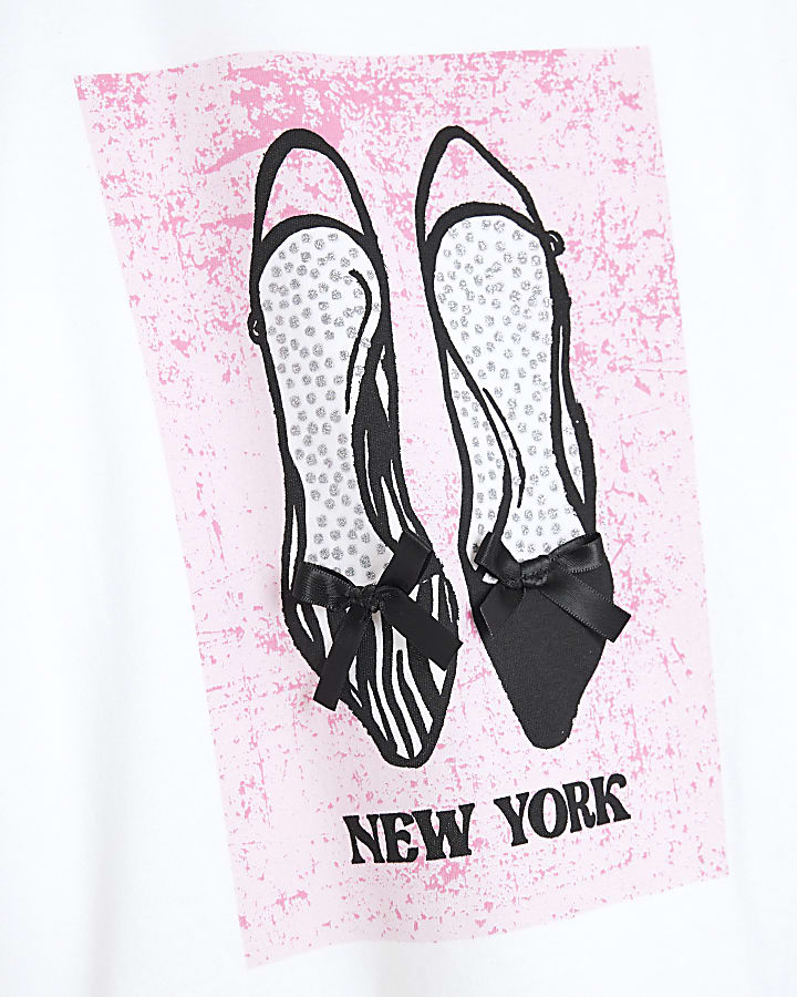 Girls White Pink Shoe Frill T-Shirt
