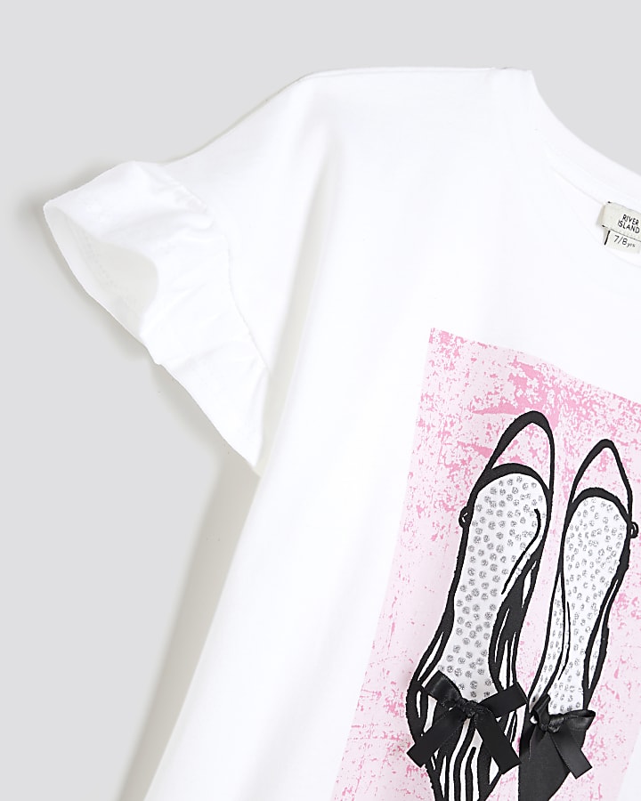 Girls White Pink Shoe Frill T-Shirt